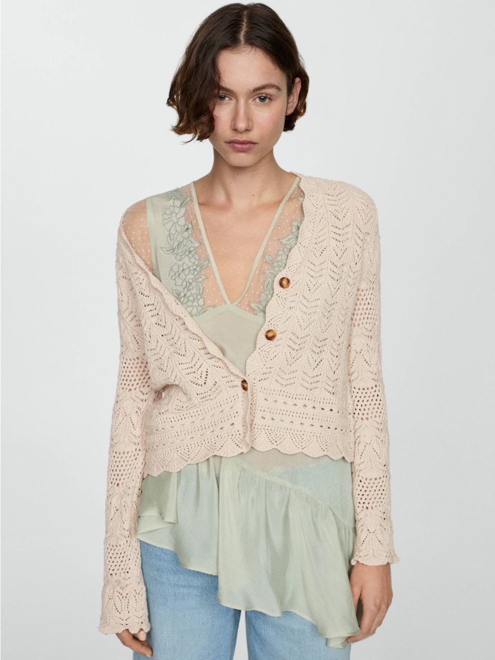 Mango Oat Crochet Knit Button Cardigan Sweater - Size Small